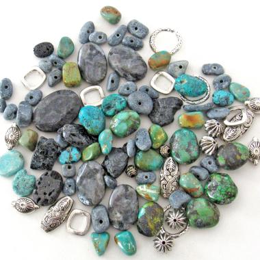 Mixed Bead Lot for Jewelry Making - Turquoise, Larvikite Norwegian Moonstone, Black Lava, Silver Tone Metal Beads - Destash Jewelry Supply