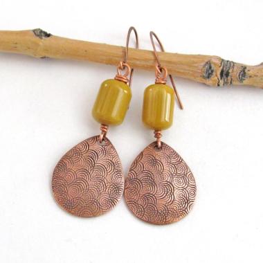 Yellow Jasper Stone Earrings with Hand Stamped Copper Dangles - Artisan Handmade Earthy Natural Stone Jewelry